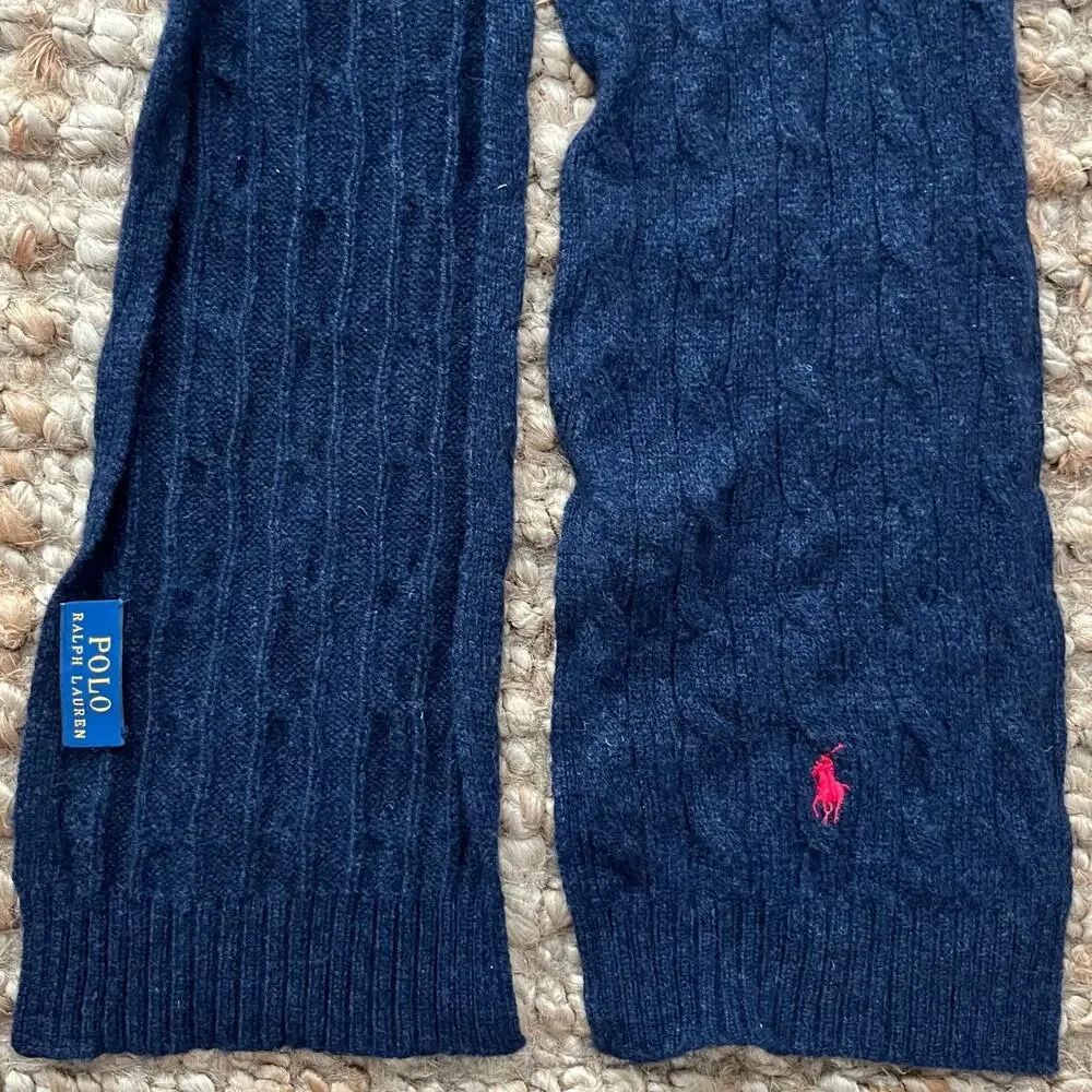Polo Ralph Lauren Navy Cable Knit Scarf Red Pony Wool Blend 60